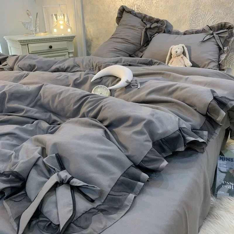 Nordic Grey White Quilt Cover Korean Prinsess Bow Girl Bedding Sets Simple Solid Color Bedclothes Decor Bedroom