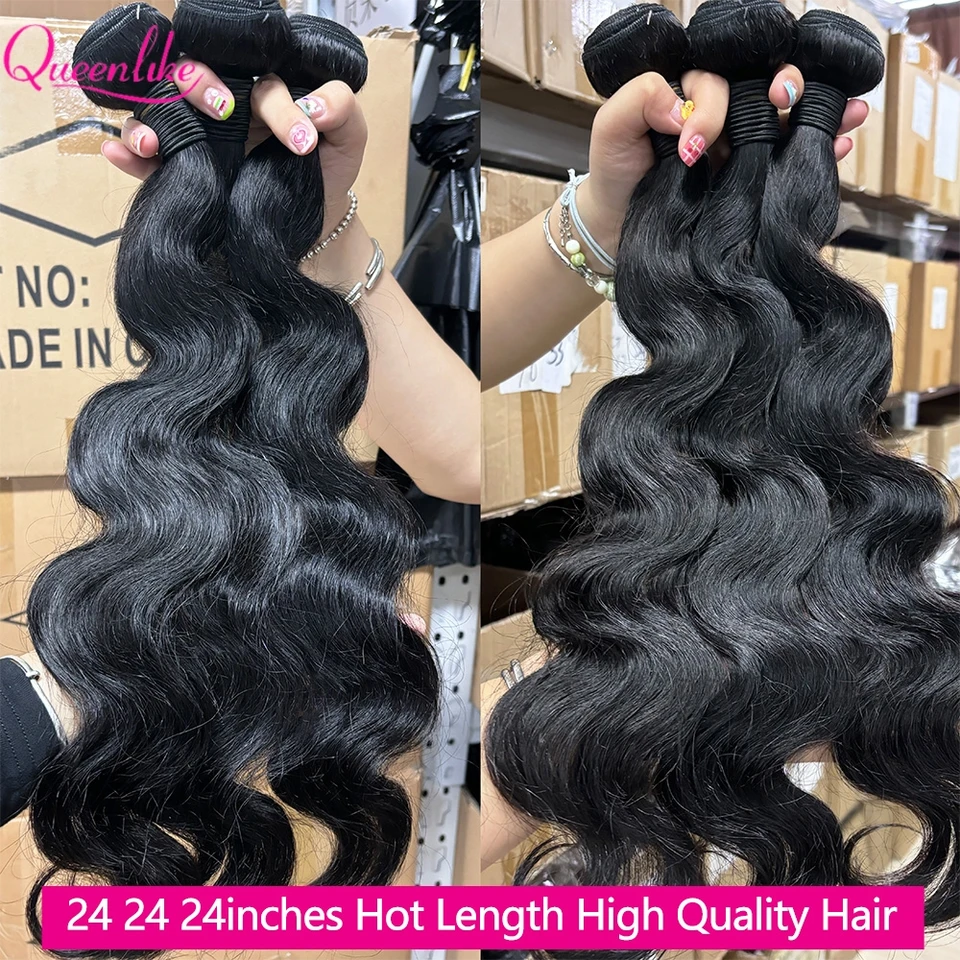 Queenlike 24 24 24 Pulgadas Paquetes Body Wave Cabello Humano 12A Brasileño Crudo Tejido 1/3 PCS Extensiones de Cabello Humano 2