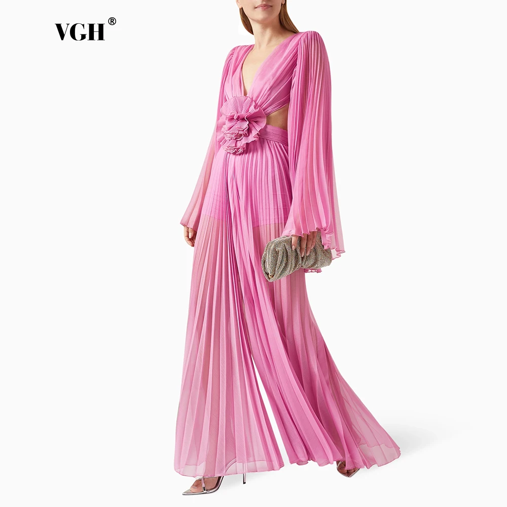 

VGH Spliced Appliques Elegant Dresses For Women V Neck Long Sleeve Backless High Waist Minimalist Loose Dress Female Fashion New