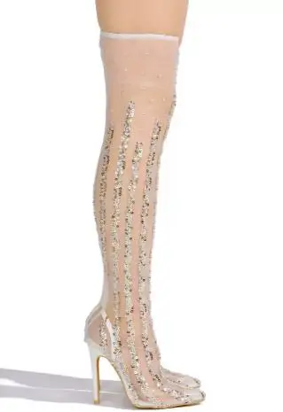 الفاخرة النساء الشظية الذهب الأسماك الموازين الهواء شبكة شفافة بولي كلوريد الفينيل أشار تو كعب رفيع فوق الركبة الأحذية تمتد أحذية طويلة