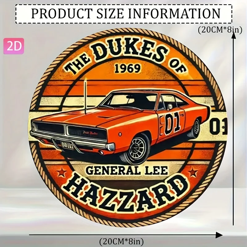2D Flat, Vintage 1969 General Hazzard Car Sign - Retro 2D Aluminum Wall Art Decor for Garage, Bar, Cafe, or Home - 20x20cm