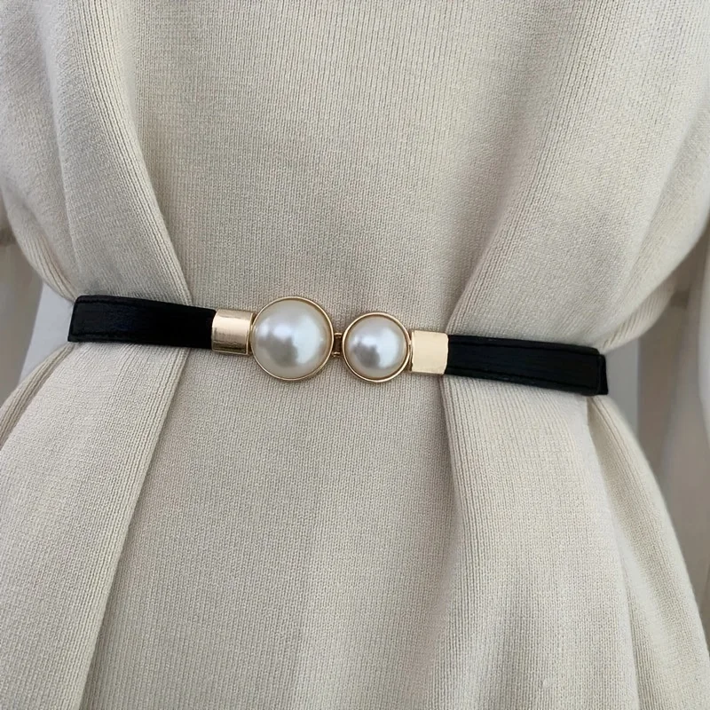 A fake pearl elastic thin belt, women's decorative skirt, fashionable and simple women's buckle thin belt