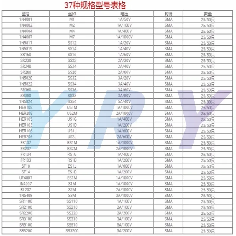 Rectifier Diode Sample Book SMD SMA Assortment Kit 33 Values Schottky Diodes M1 M4 M7 SS12 SS14 SS16 SS24 SS34 SS36 SS110 SS210