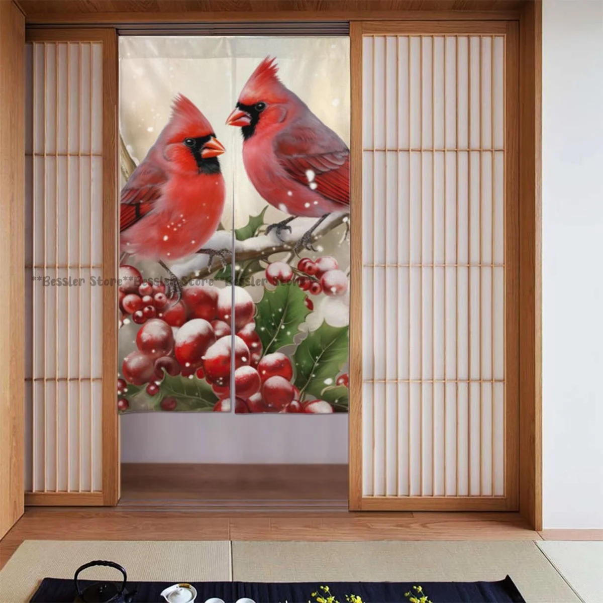 Cortina de puerta para decoración de habitación, dos pájaros cardinales rojos sentados en rama de árbol de Rowan con colgador de nieve, póster, cortinas para dormitorio