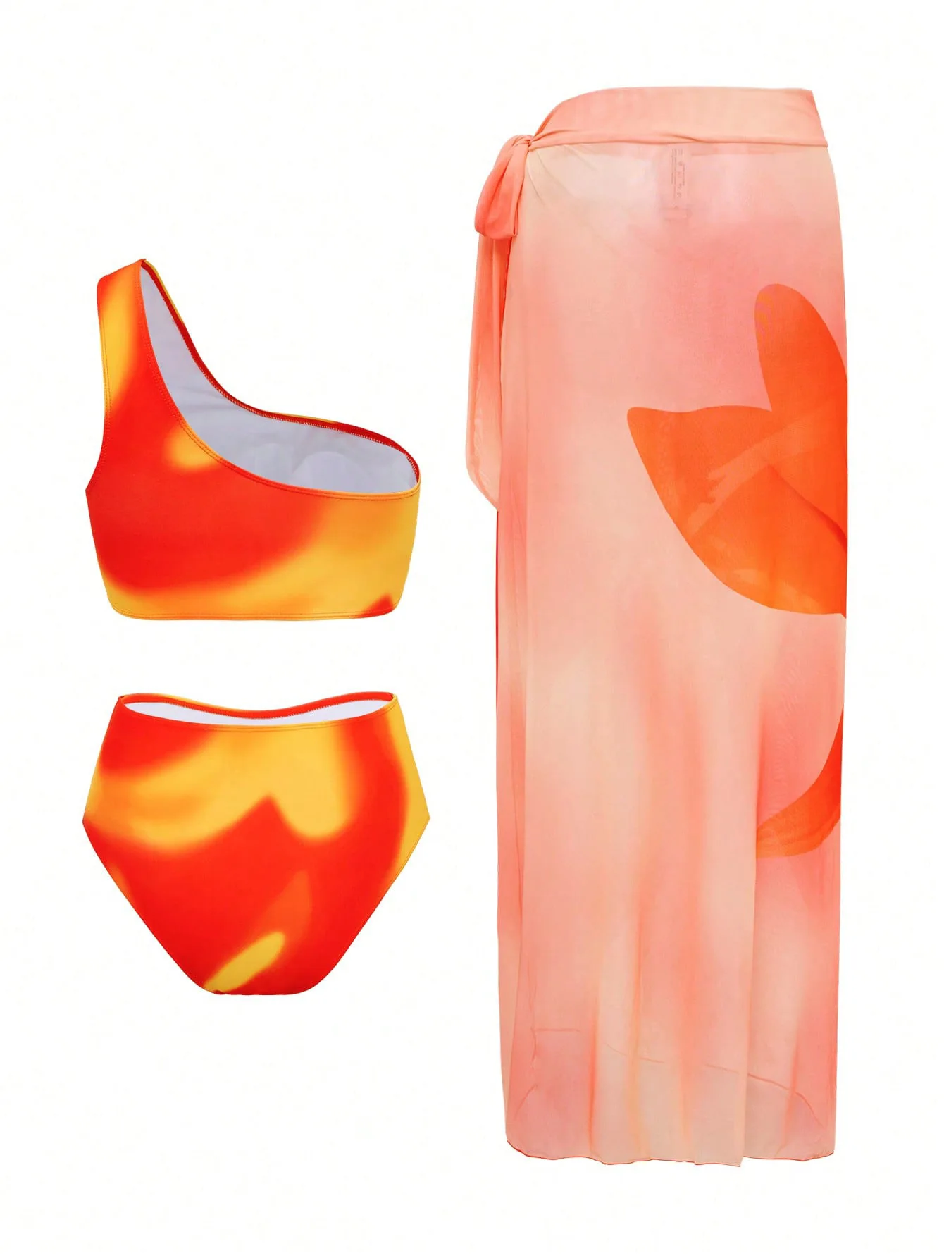 sexy orange tie dye print irregular vest bikinis sets 3pcs with mesh cover long skirt swimsuits swimwear tankini biquini trikini