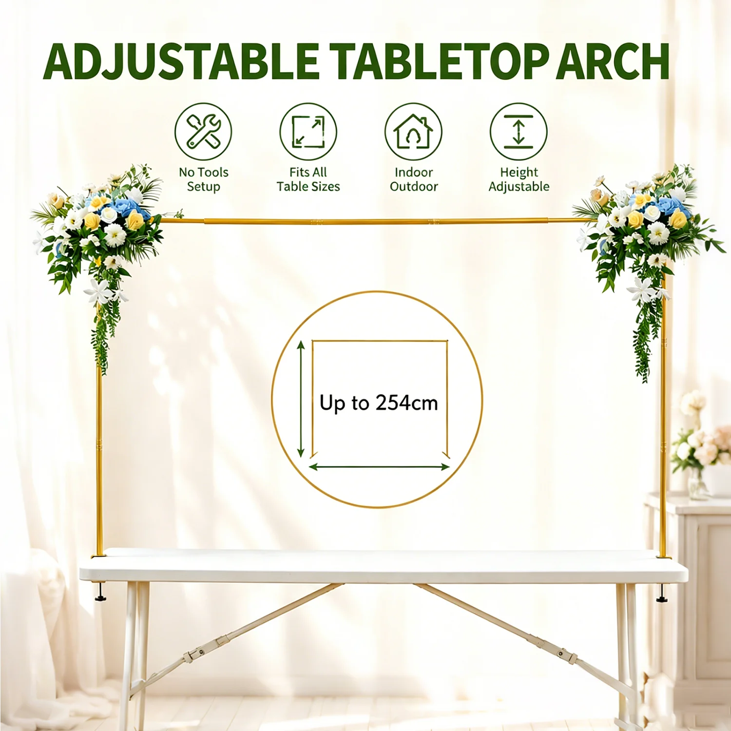 Support d'arche de table, cadre décoratif de table en métal doré réglable, hauteur extensible de 116 cm à 254 cm, support d'arche de ballons et de fleurs pour mariage, anniversaire, baby shower, décoration de fête