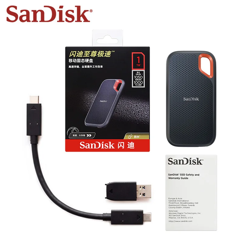 SanDisk SSD E61 Nvme Extreme USB3.2, Solid State Drive portabel 500GB 1TB 2TB 4TB kecepatan tinggi 1050 MB/S IP65 PSSD untuk PC