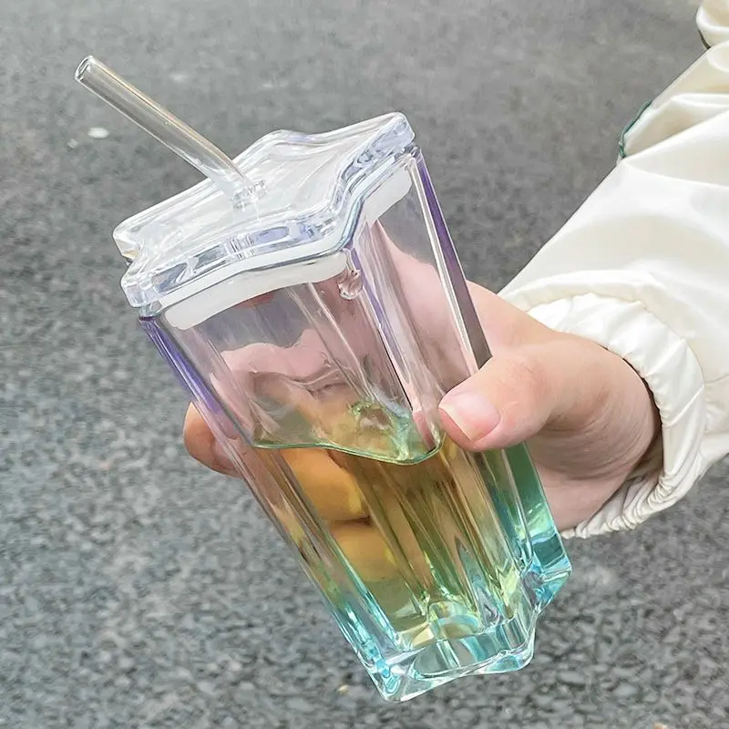 Summer High-value Glass Straw Cup Polygonal Household Drinking Cup Dazzling Juice Drink Milk Cup Star Cup Couple Cup