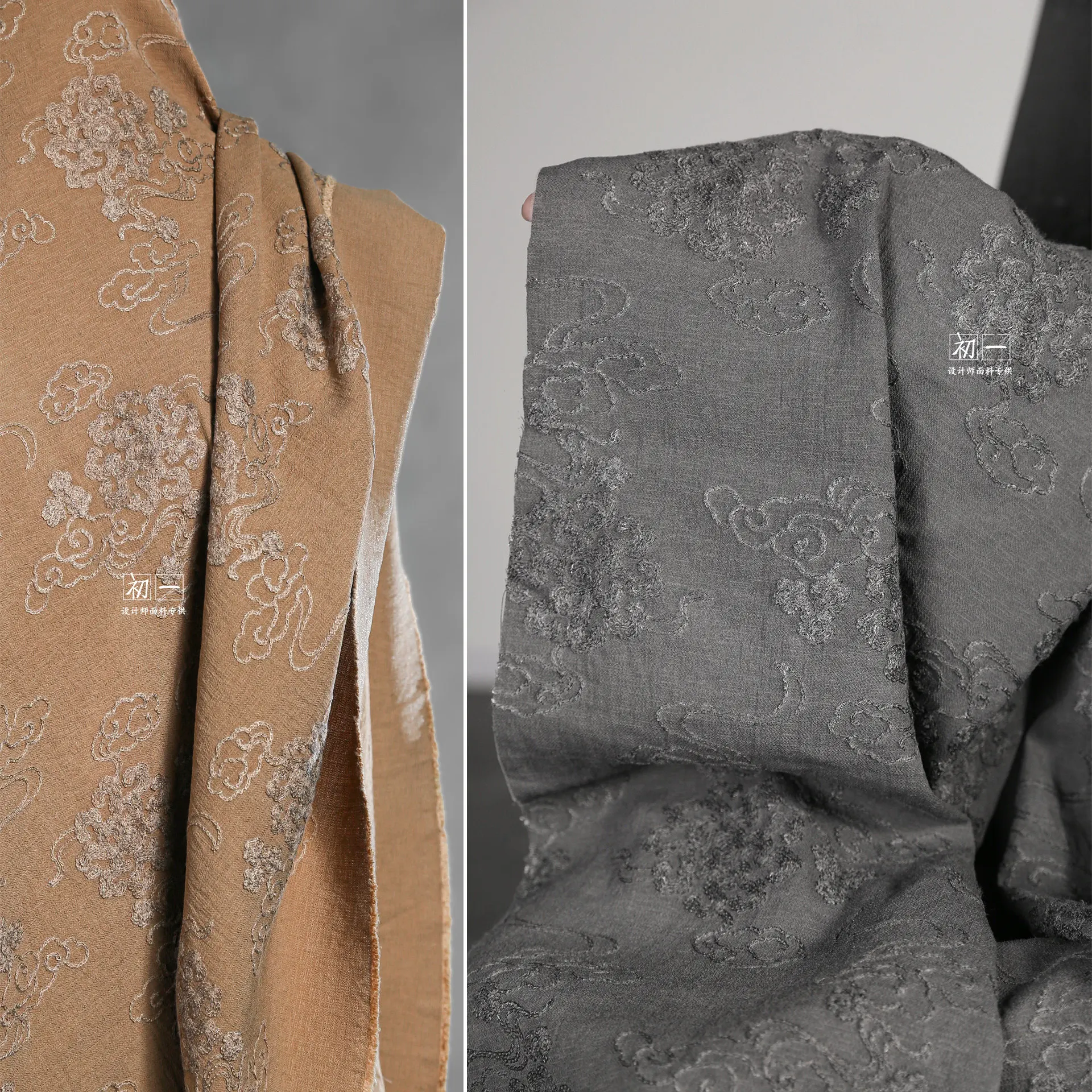 Chinese Xiangyun Linear Three-Dimensional Embroidery Rayon Black Gray Texture Creative Suit Coat Skirt Clothing Design Fabric