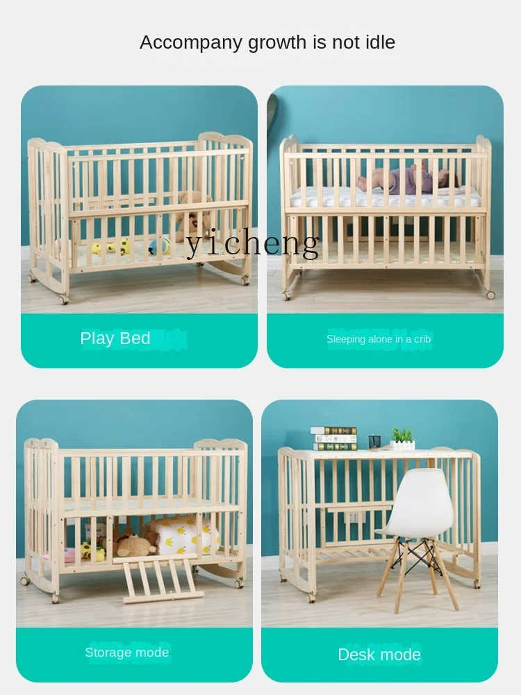 Culla Tqh culla per bambini in legno massello senza vernice pieghevole scrivania multifunzionale letto con cuciture portatili