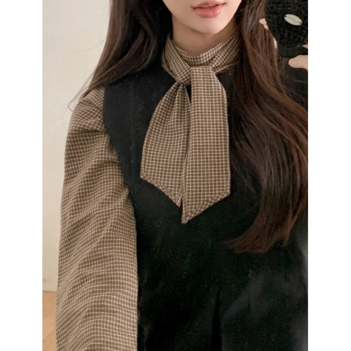 Chic début du printemps Plaid irt femmes Faionable noeud papillon Sa polyvalent coréen Sle respirant respectueux de la peau printemps automne W...