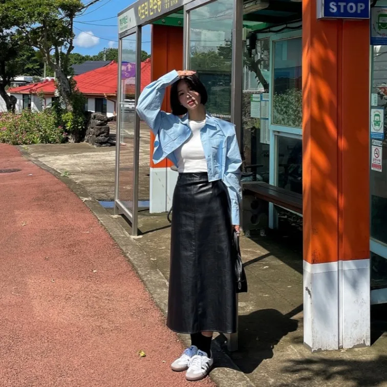 레트로 하이웨이스트 PU 가죽 스커트 여성용 미디 길이 비대칭 밑단 슬림핏 엘레 블라 스커트 모든 연령대용