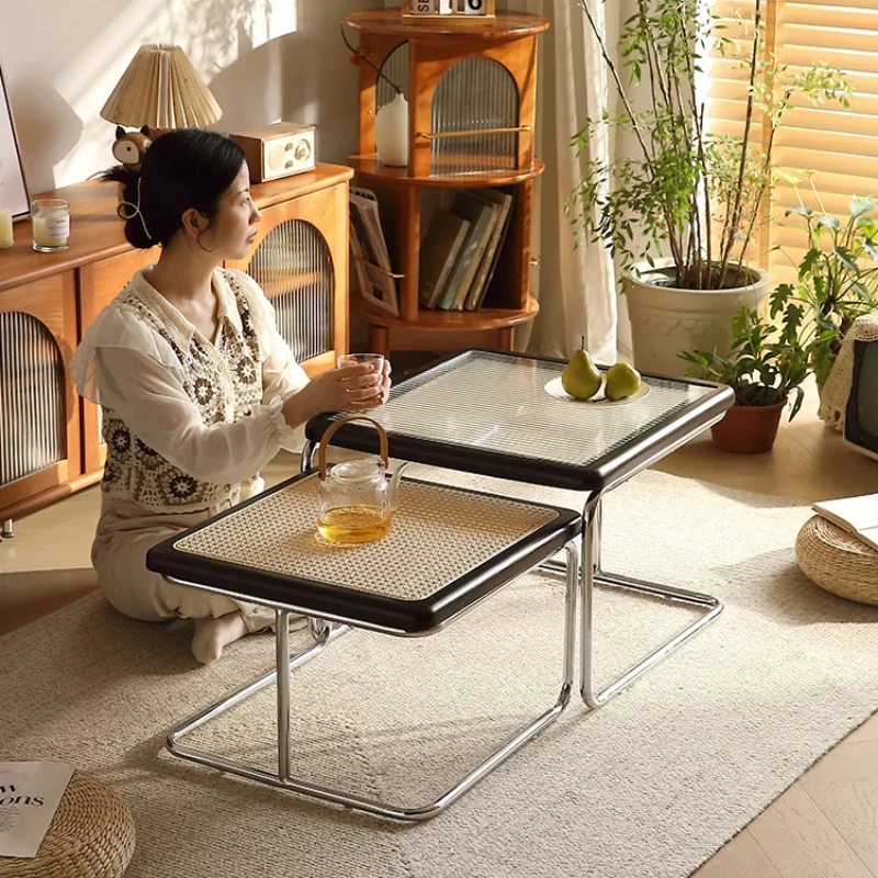 Retro Japanese Stainless Steel Coffee Table Low Rattan Side Table with Glass Top Perfect for Small
