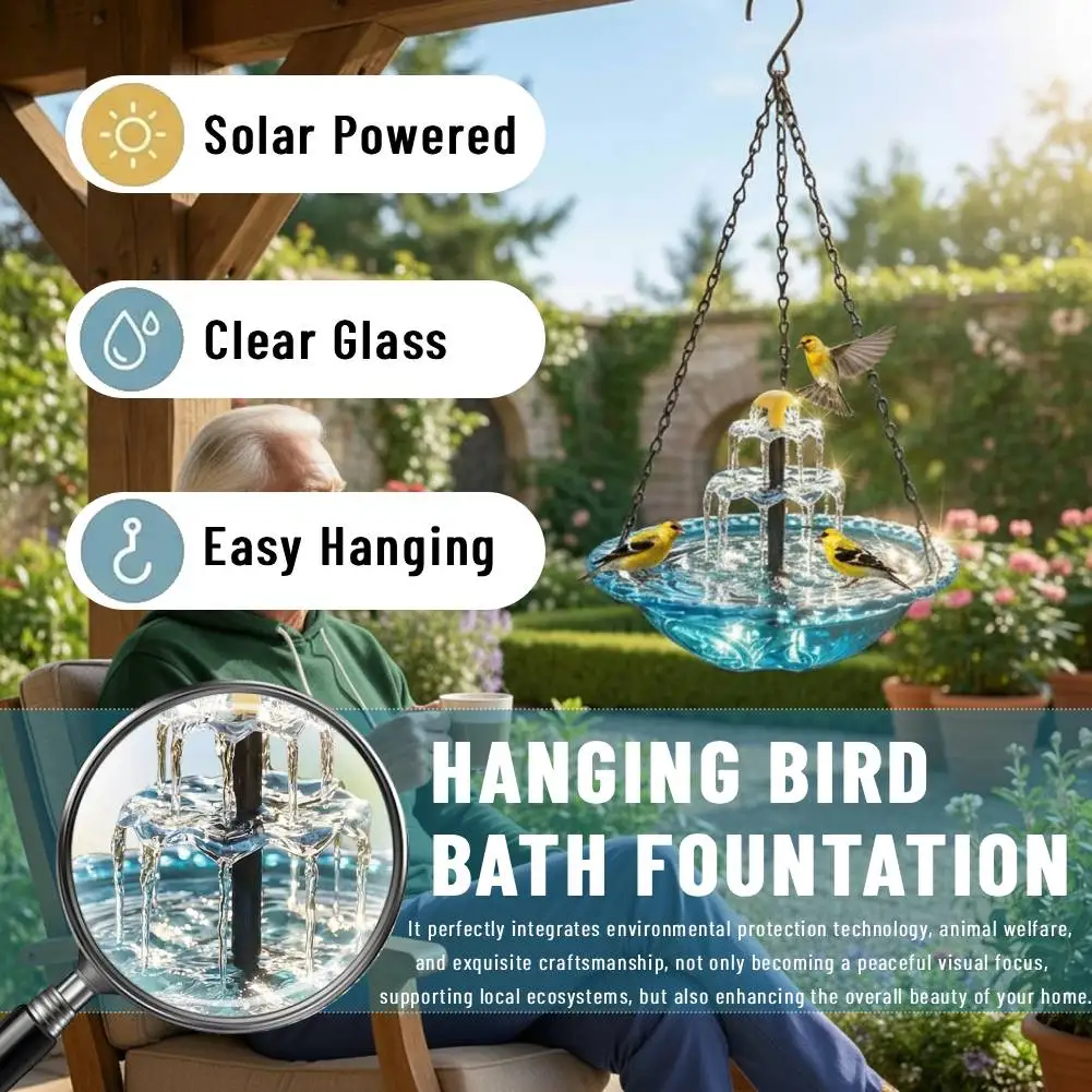 Cascade Hanging Bird Bath Fountain for Outside, Solar Wild Birds Feeder W/Solar Water Pump, Feeding Station for Garden Courtyard