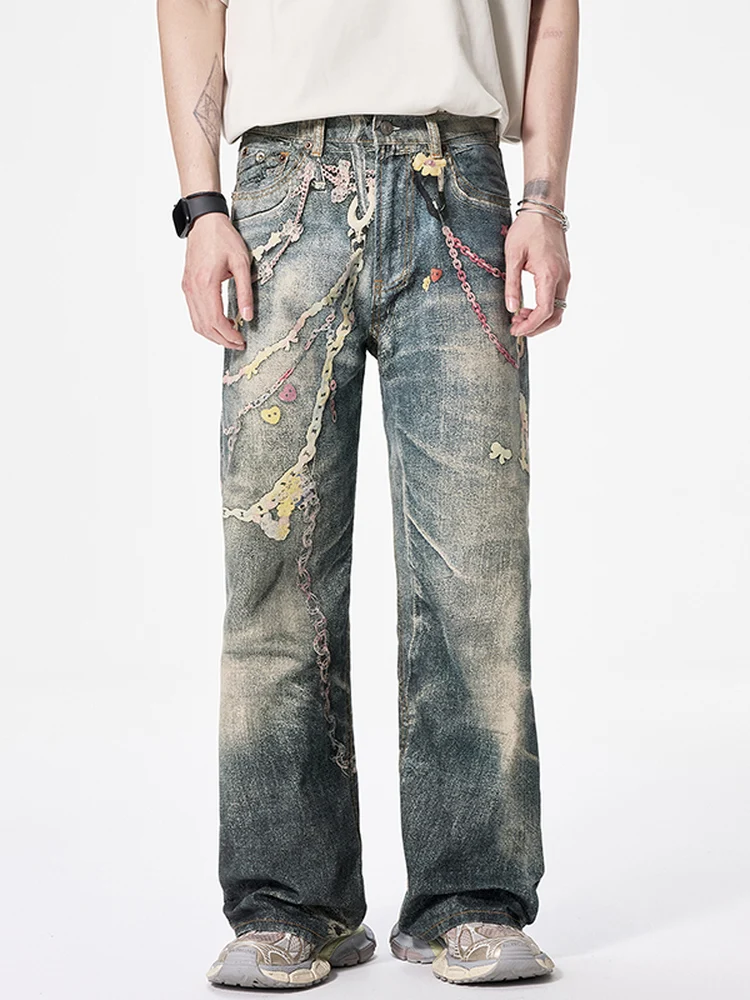 

Bla Armada, свободные джинсы в американском стиле ретро, свободные джинсы с цифровым принтом, конфетная цепочка, повседневные джинсы, мужские винтажные хлопковые джинсы