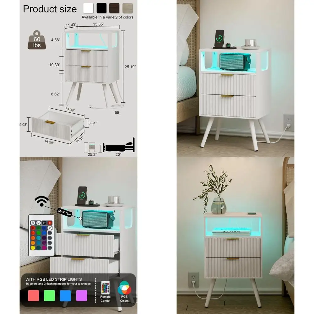 

Contemporary Nightstand with Charging Port, LED Lights, 2 Drawers, and Open Shelf for Compact Spaces