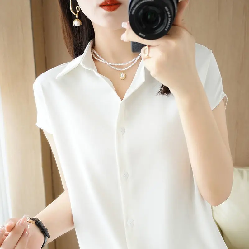 Summer New Short Sleeve Solid Color Blouse Polo Neck All-match Button Thin Office Shirt Tops Elegant Fashion Women Clothing