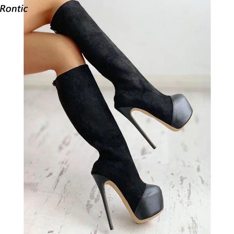 Rontic Handmade Women Winter Platform Knee Boots Faux Suede Stiletto Heels Round Toe Classics Black Party Shoes US Size 5-20