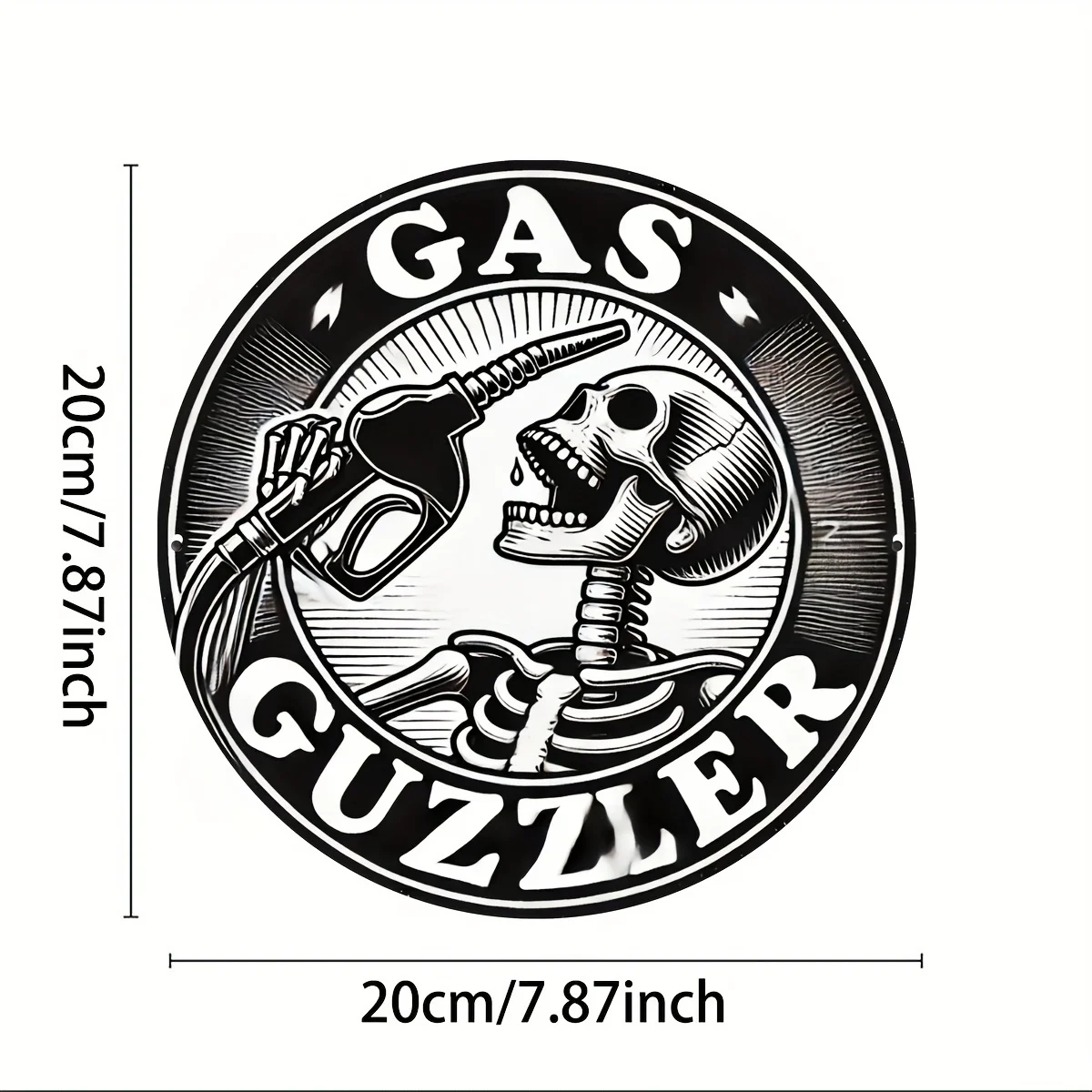1PC Gas Guzzler Skeleton Fuel Nozzle Round Metal Tin Sign, Retro Black White Skull Plaque, 2D Flat Wall Decor For Garage Man Cav