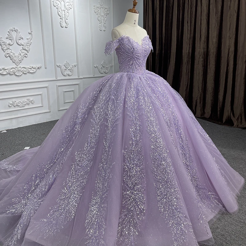 Purple International Women's Quinceanera Ball Dresses Off Shoulder Sweetheart Beading Lace Formal Occasion Party Gown DY6537