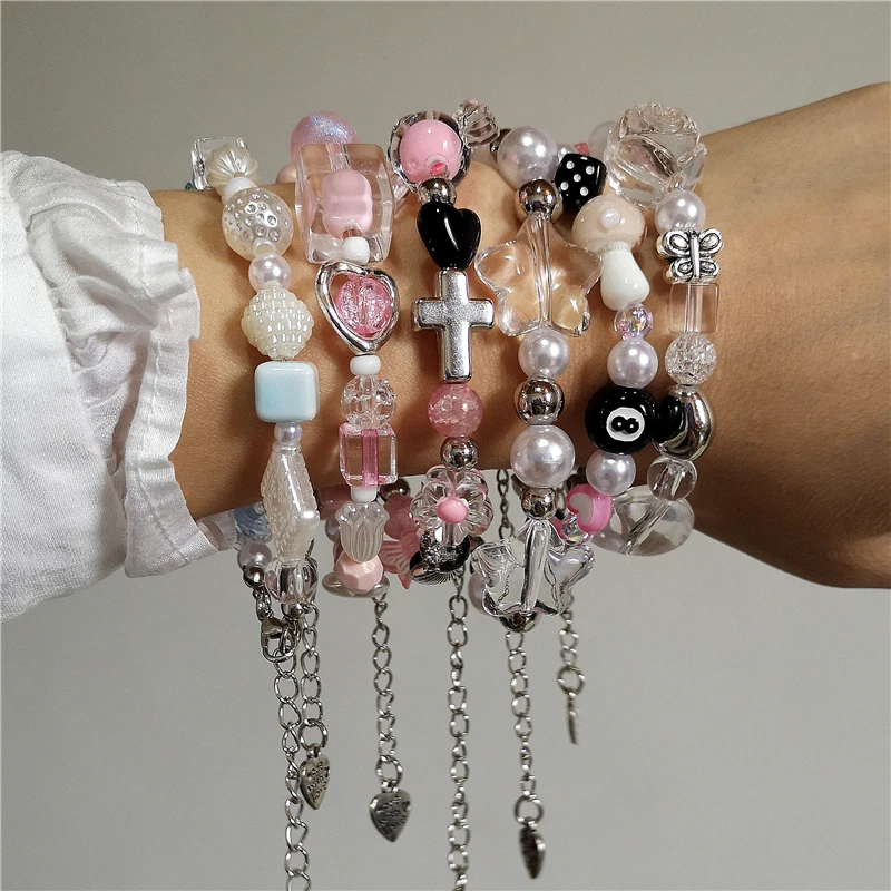 Y2K Cute Butterfly Cross Flower 8 Ball Mushroom Beaded Bracelet For Girl Kawaii Halloween Anime Grunge Aesthetics Accessories