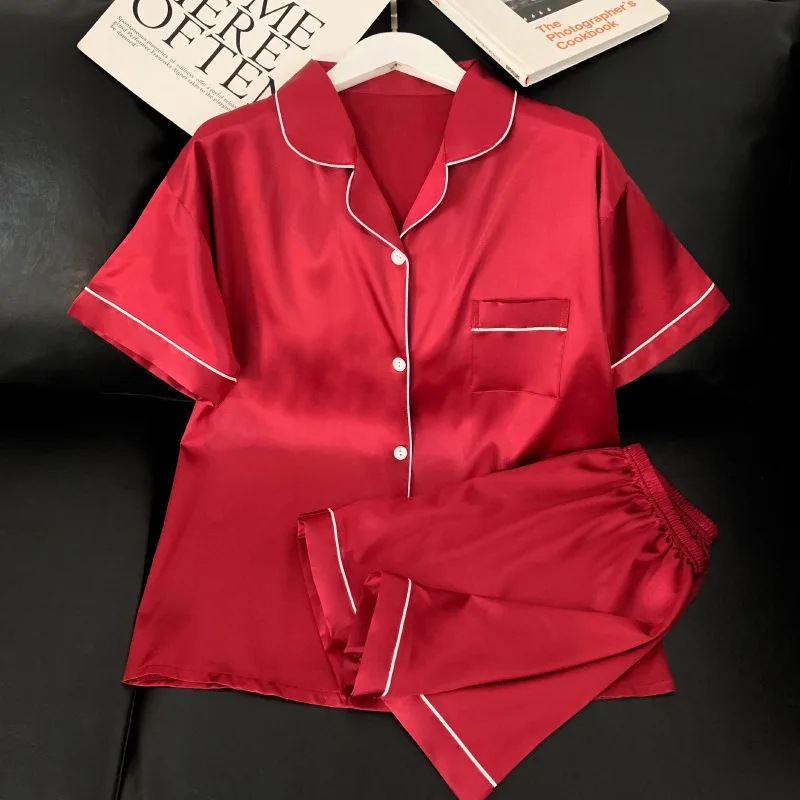 Conjunto de pijama cetim de seda gelo feminino, shorts manga curta, alto grau, liso, vermelho, doce lar, verão