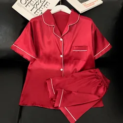 Pyjama-Sets für Damen Sommer Eis Seide Satin Pyjama glatte hochwertige rote Kurzarm Shorts Sweet Home Set Pijama Mujer