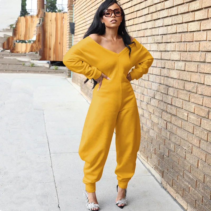 秋冬レディース長袖Vネックゆったりジャンプスーツワンピースセットパーティーカジュアルフィットネスストリートウェア衣装