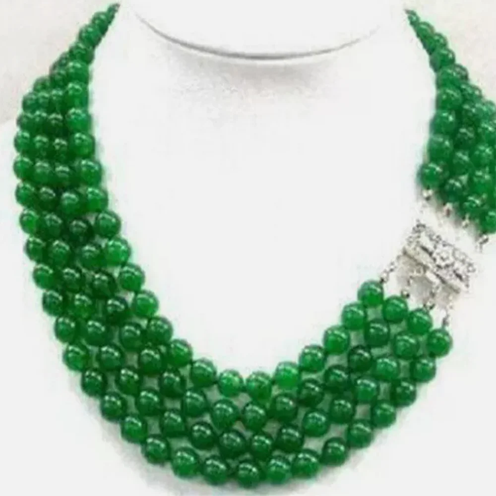 Beautiful 4 Rows 8mm Natural Green Jade Round Gemstone Beads Necklace 17-20