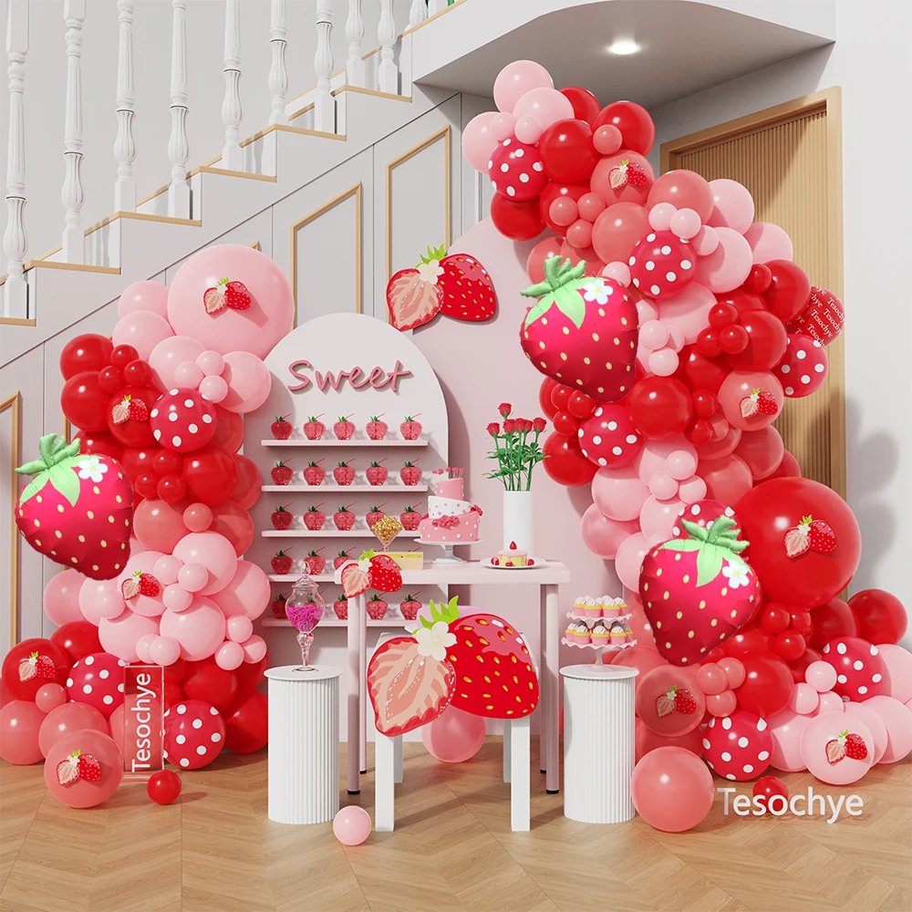 

127Pcs Strawberry Balloon Arch Kit Red Polka Dot Strawberry Foil Balls Fruit Berry 1st Birthday Strawberry Shortcake Party Decor