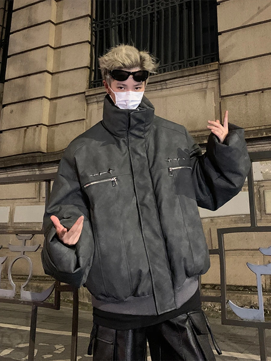 

American High Street Men's ort Thiened Heavyweight Winter Cotton Jaet PU Leather Warm Coat Faionable Urban Sle