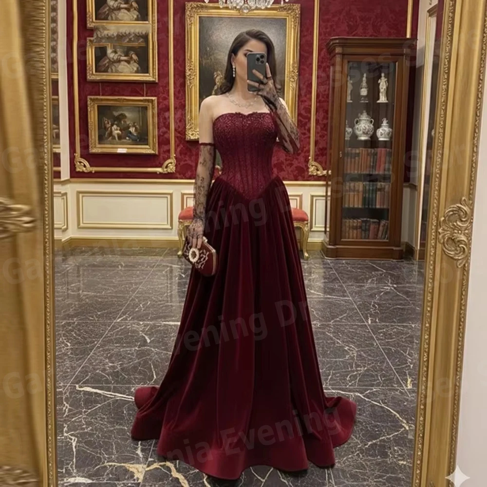 

Graceful A Line Women's Evening Dresses Strapless Lace Prom Gowns Vestidos Para Mujer Customized Sleeveless Party Robe De Soirée