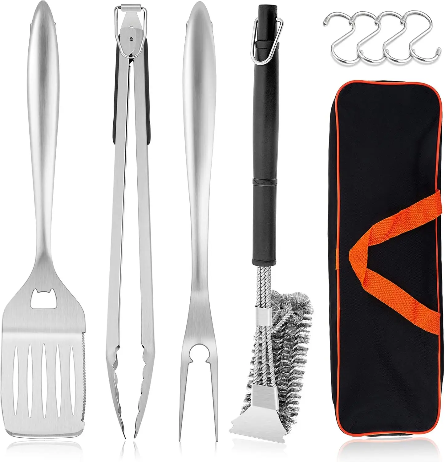 

18in Stainless Steel Grill Set with Bag, BBQ Tools for Camping - Spatula, Tongs, Fork, Brushes