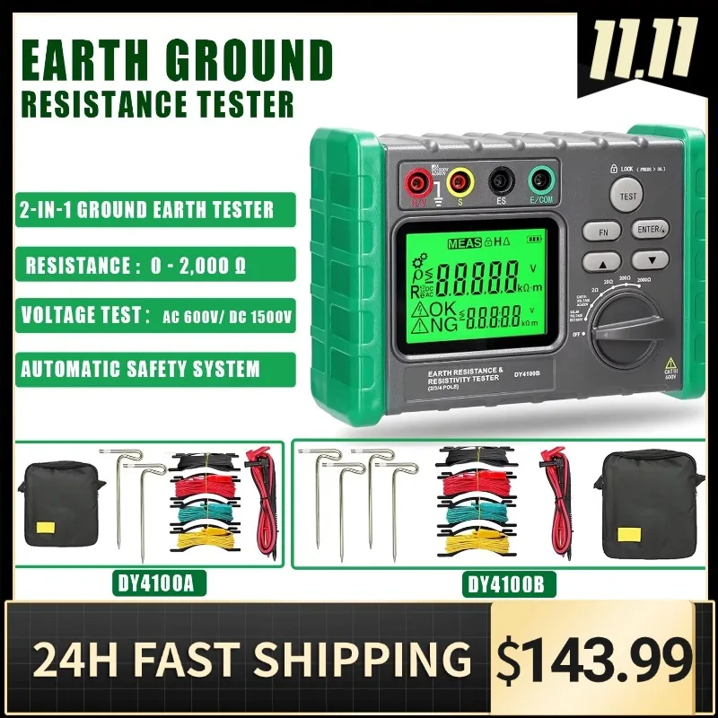 

DY4100A / DY4100B Digital Earth Ground Resistance Meg-ohmmeter 0-2000 Ohm Instruments Inspection Electrician Resistance Tester