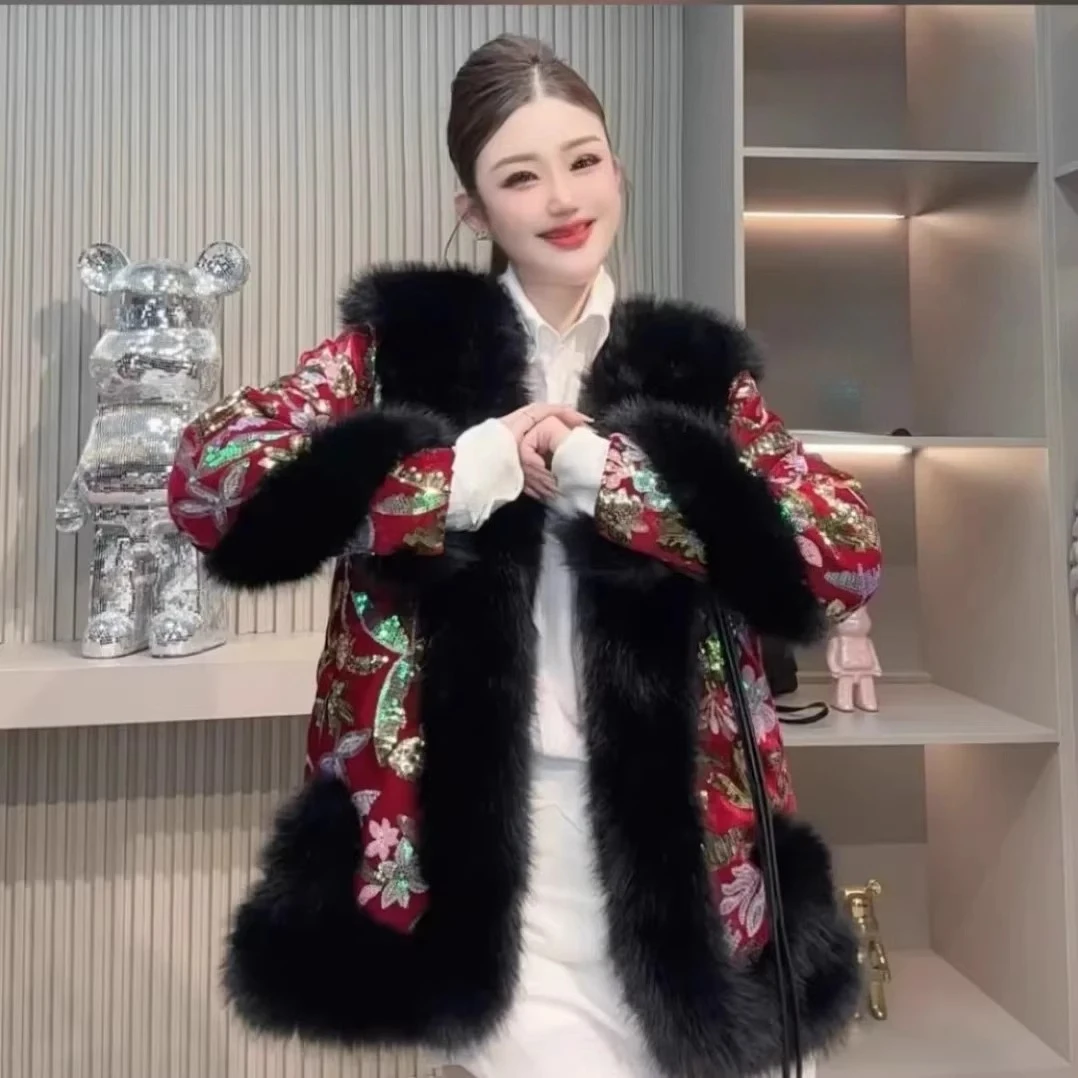 Women 2025 Winter New Fashion Fur Integration Coat High-end Sparkling Sequin Imitation Mink Fur Long Sleeve Beauty Chic Faux Fur