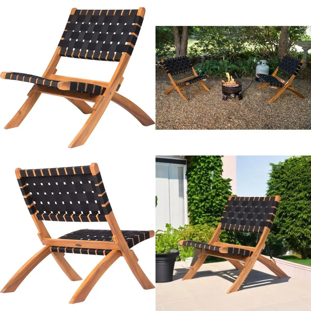 

Outdoor Folding Chair with Acacia Wood and Black Webbing Seat for Indoor, Porch, Lawn, and Garden Use