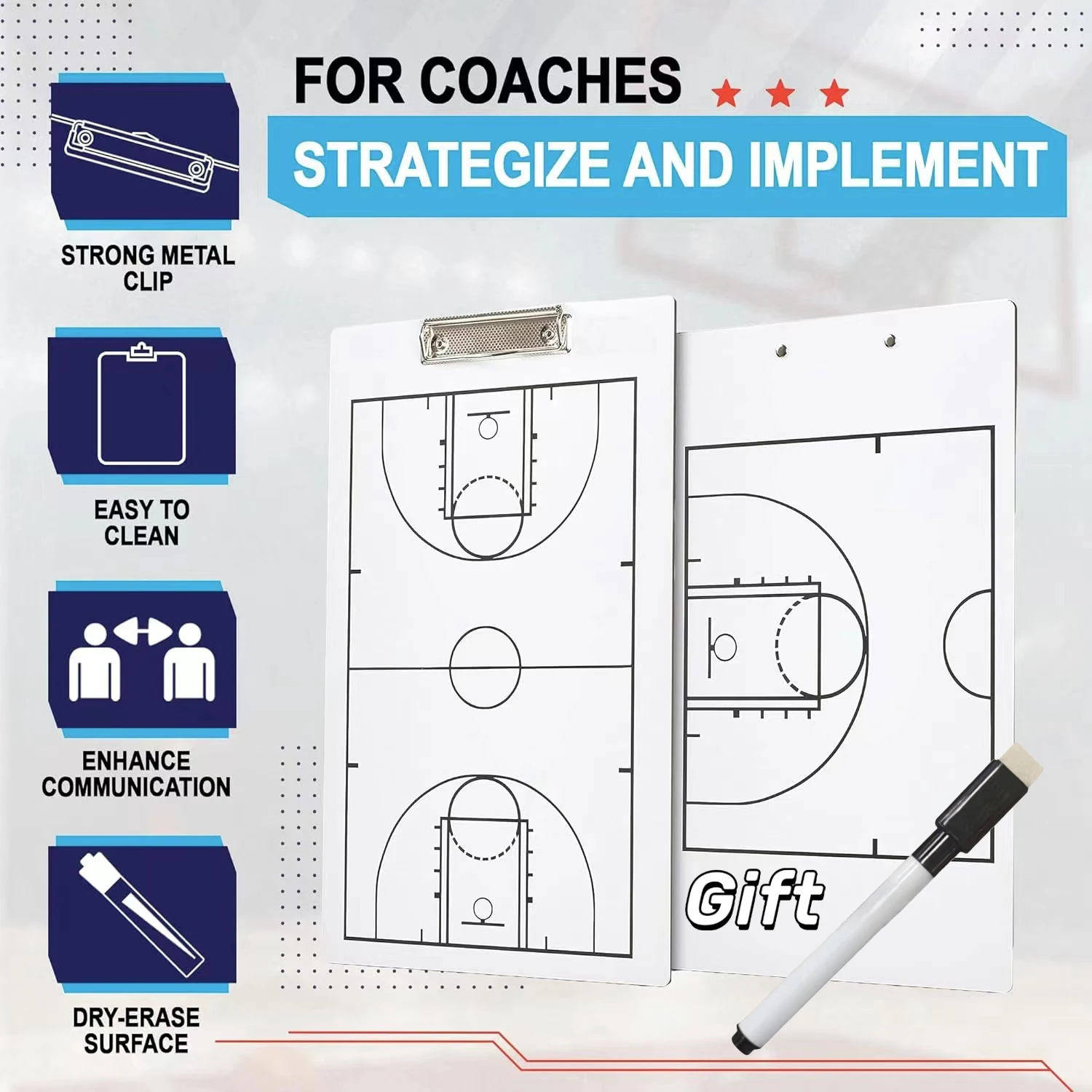 Basketball Dry Erase Coaches Clipboard-Complimentary water-based pen-Double-Sided Basketball Court  Dry Erase White Board