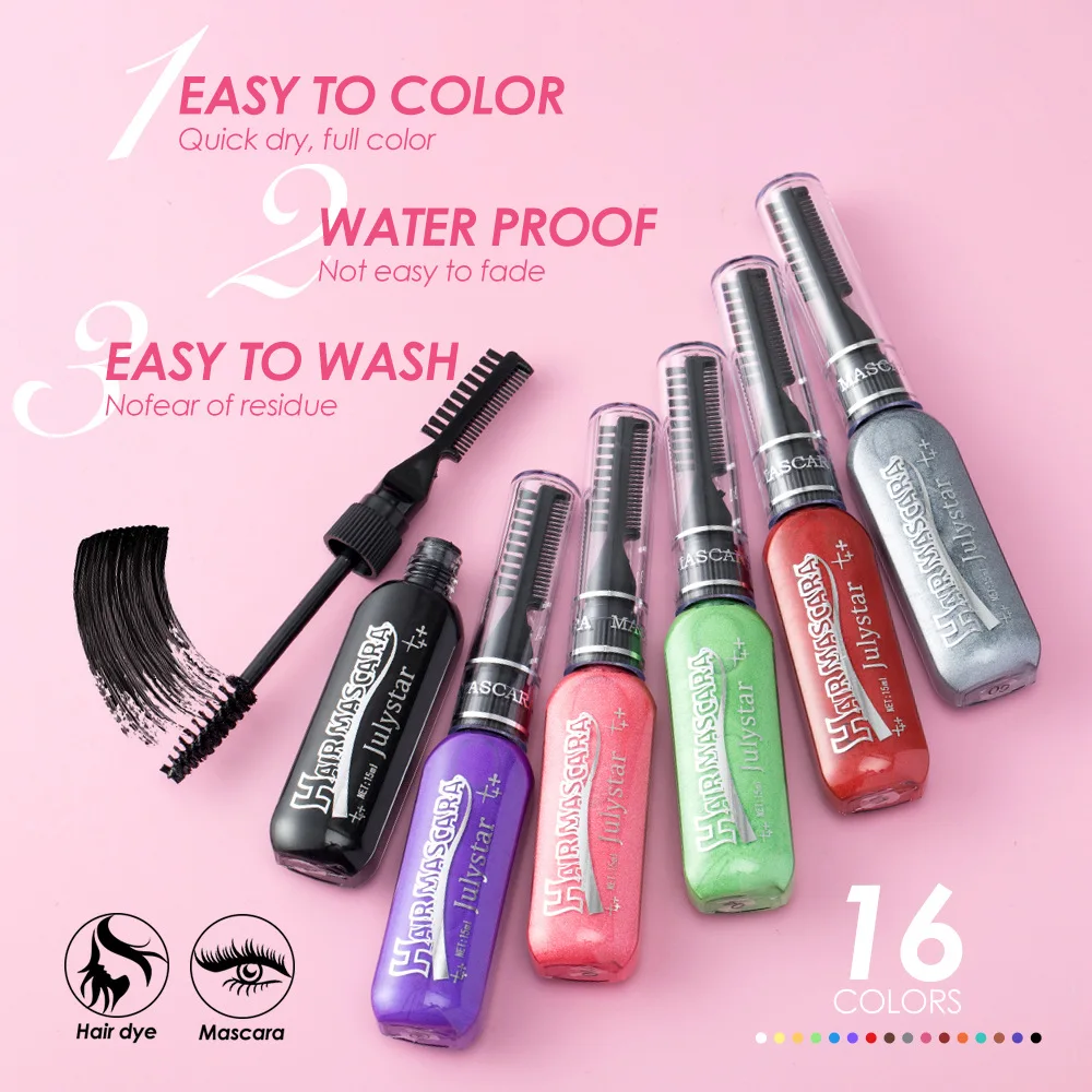 Mascara 16 couleurs, formule imperméable, hautement pigmentée, Application facile pour les fêtes sur scène, le Festival, le maquillage et l'utilisation des cheveux, cosmétique