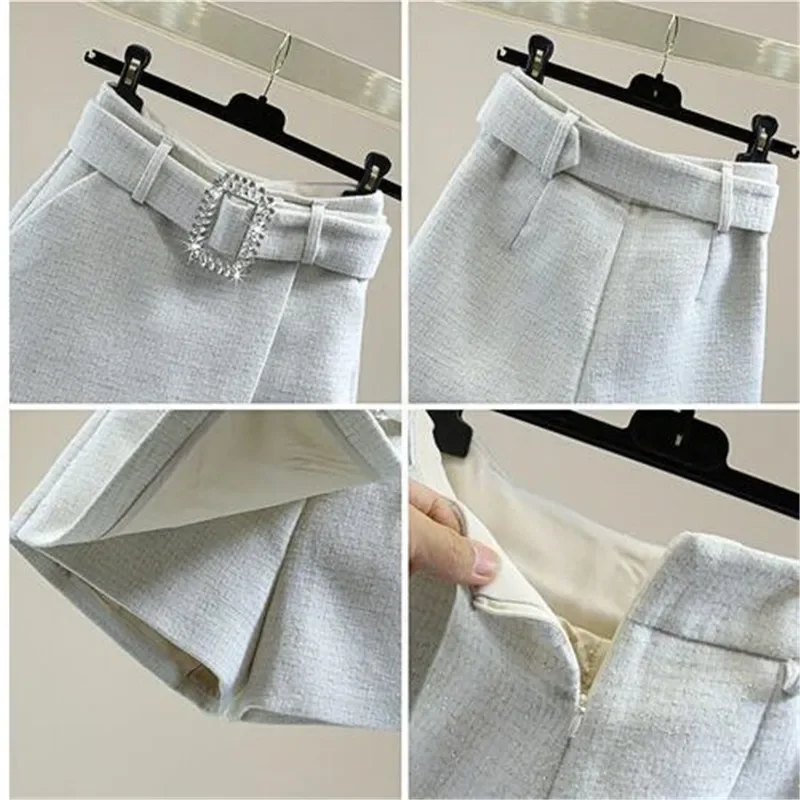 New High Waist Tweed Shorts Women Casual Loose Ladies Fashion Spring Autumn Slim Button Shorts All-match