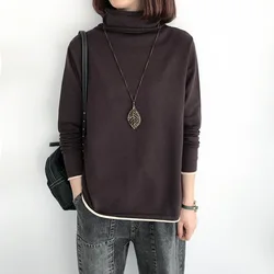 Women's Vintage Turtleneck Long Sleeve Plush Thick Basic T-shirts Autumn Winter Female Fashion Simple Casual Warm Pullover Tops