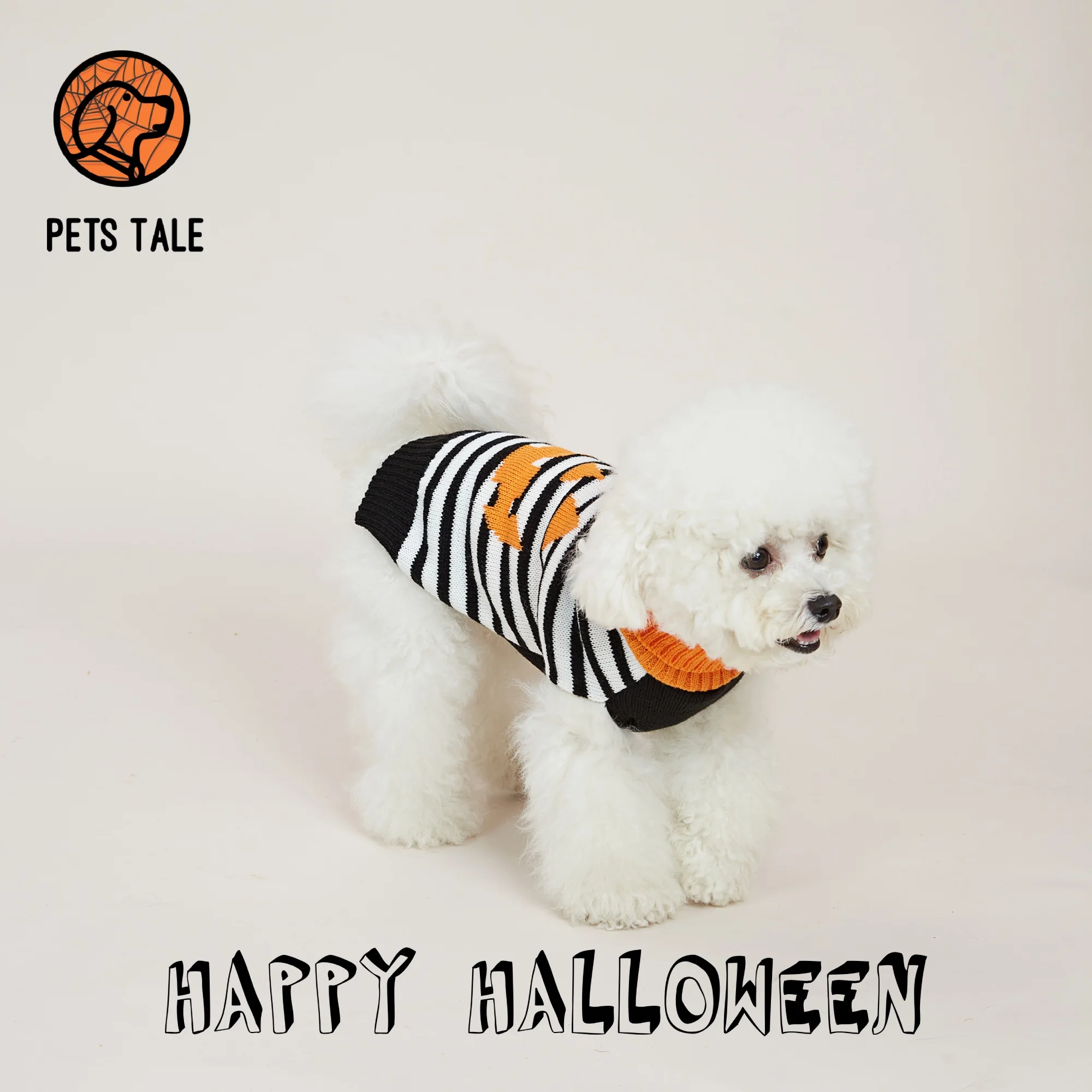 Halloween Pumpkin Ghost Face Striped Dog Sweater with Leash Hole Design