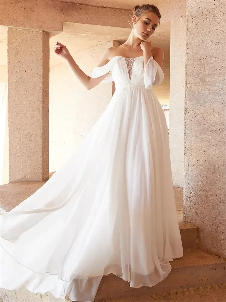 New Arrival Wedding Dresse 2026 Off Shoulder Pleats Open Back Lace Chiffon Sweep Train A Line Beach Bridal Bride Gowns Vestidos