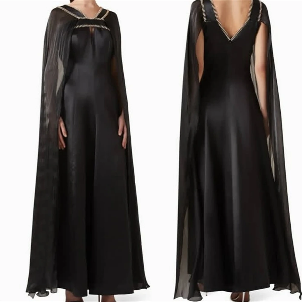 

Customized Delicate Black Satin Evening Dress Elegant Graceful V-Neck Zipper Back Cocktail Dress Classic Special Occasion Gowns