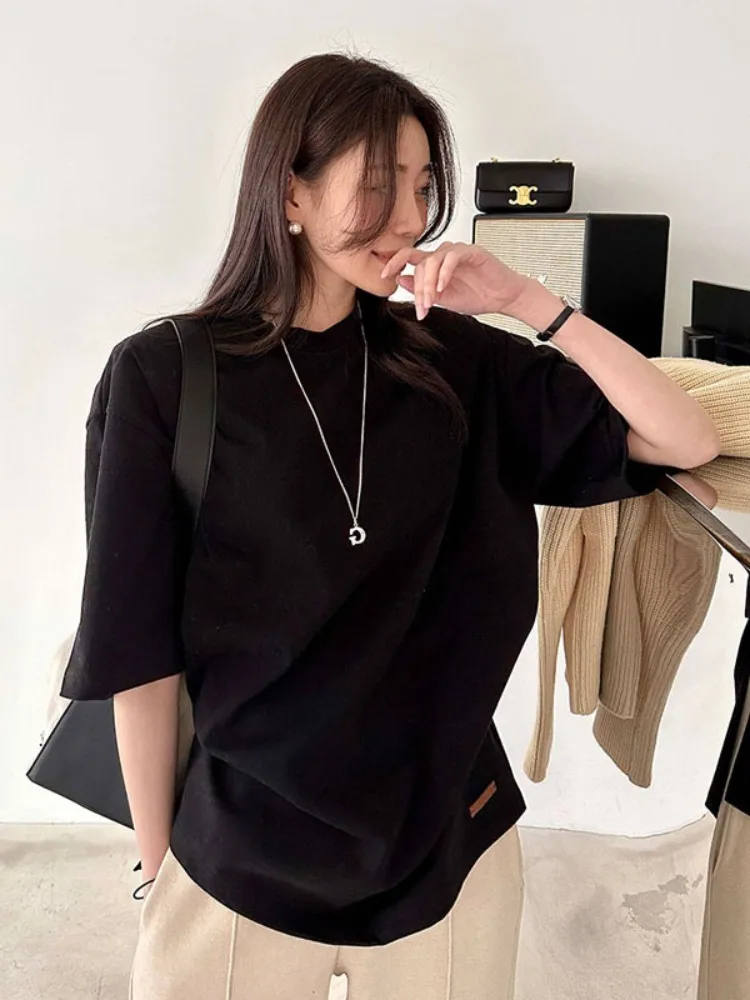 South korea Dongdaemun 2024 Early Spring Summer New South korea Loose Fashion Labeling Shoulder Pad Mid-Length T-shirt Women