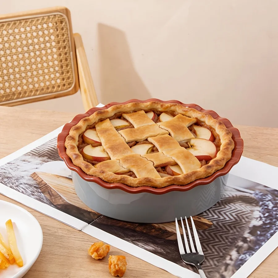 1 unidad de molde de cerámica para tartas de 25 cm/9.8 pulgadas, plato de horno de porcelana rojo con borde ondulado para tarta de manzana, quiche, cacerola, tarta, postres, microondas