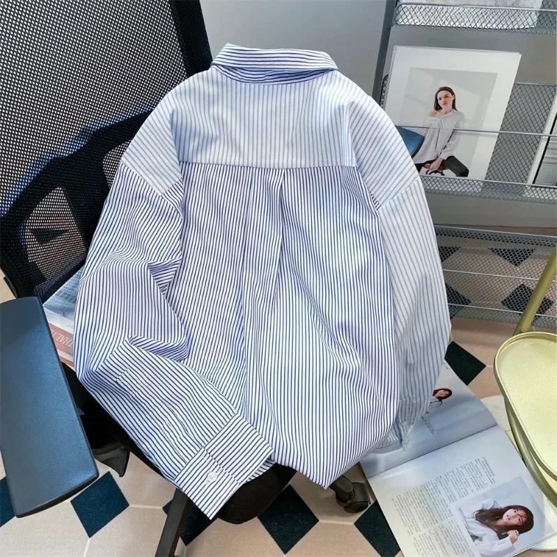 Spring Fashion Vintage Spliced Color Striped Blouse Y2k Literary Single Breasted Shirts Harajuku Office Lady Women Casual Clothe