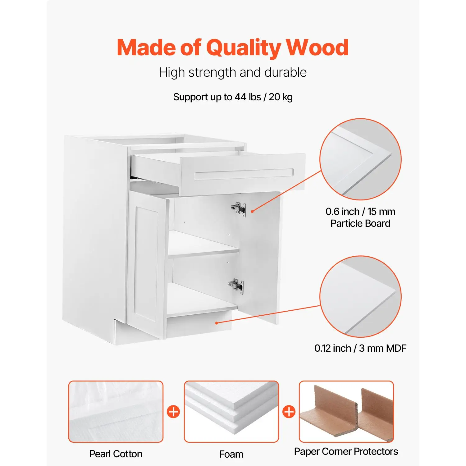 White Shaker Base Cabinet with Drawer, 24-Inch Unassembled, 24