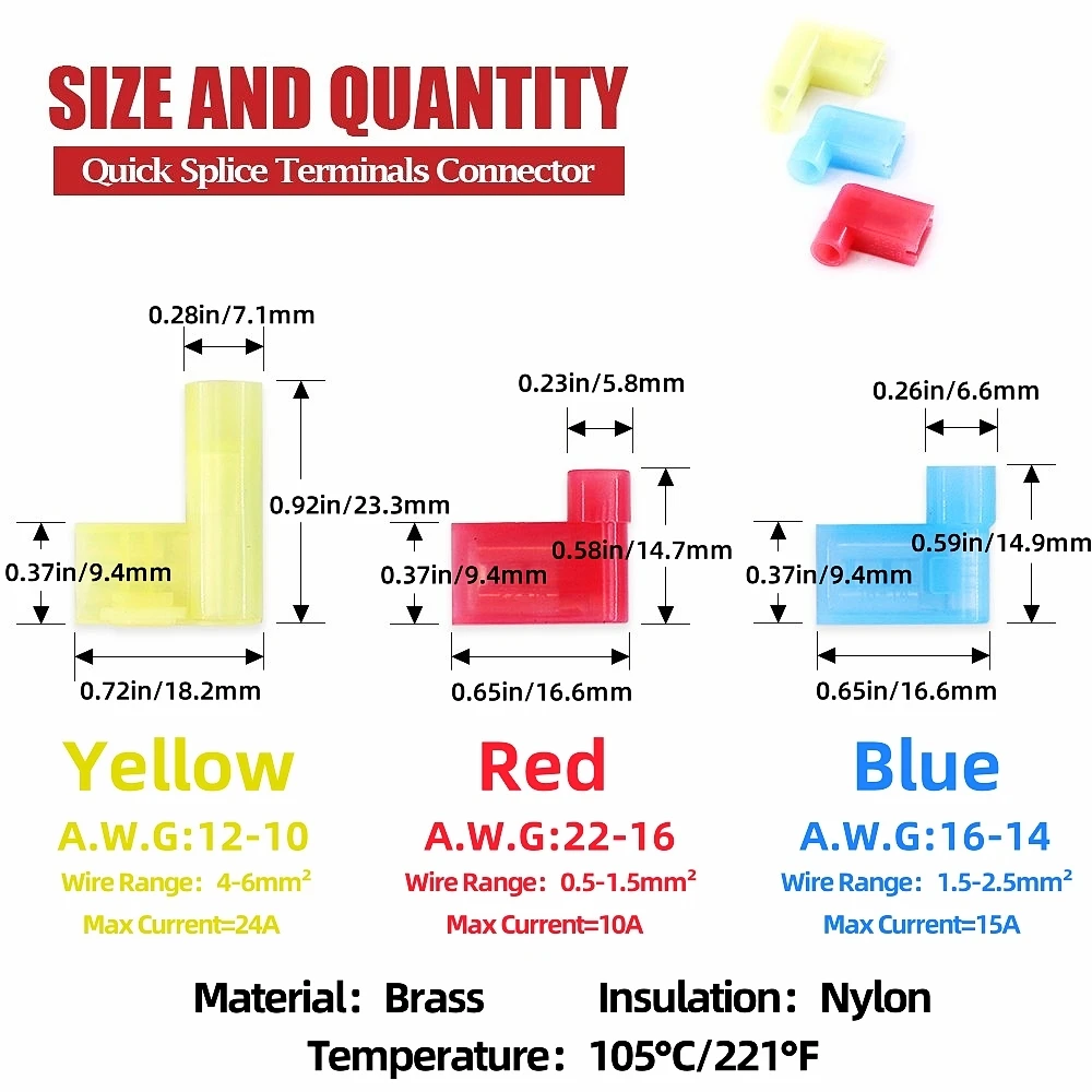 80/50/30pcs nylon flag 90 degree right angle spade connectors terminals - female fully insulated - quick disconnects electrical