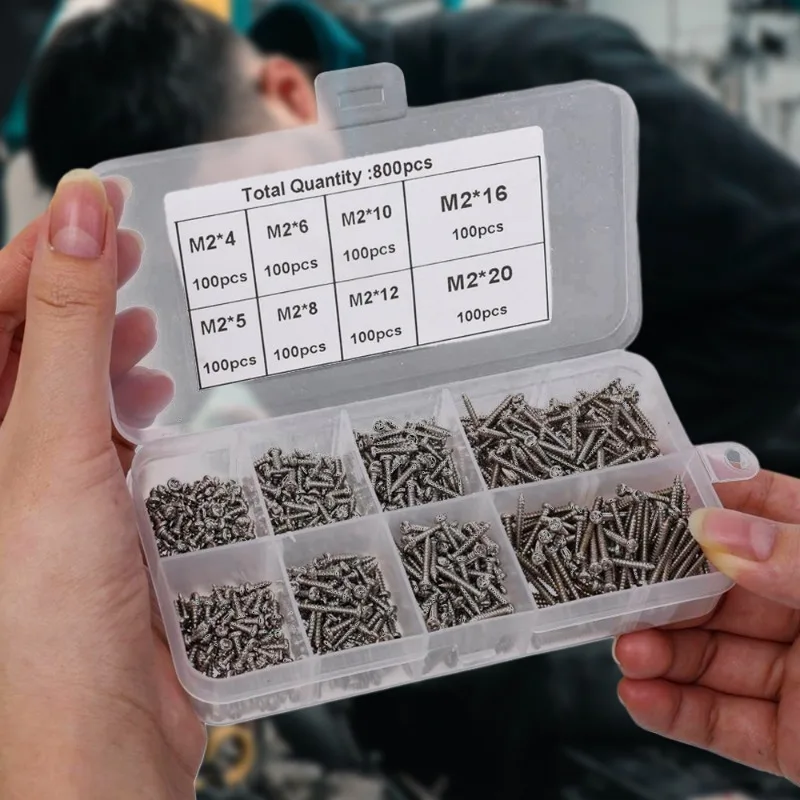 800PCS/Box M2 Self Tapping Screw Kit Carbon Steel Cross Drive Flat Head Self Drilling Screw DIY Industrial Screw Thread Fastener