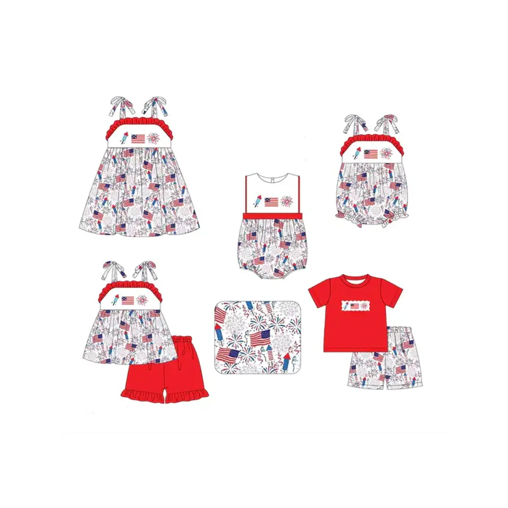 High Quality Kids 4th of July Clothing Toddler Boys Girls Sets Summer Girls Dresses Fireworks Flag Screen Print Baby Rompers